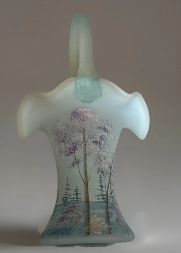 Fenton 100th Anniversary Hand Painted Blue Satin Floral Glass Basket