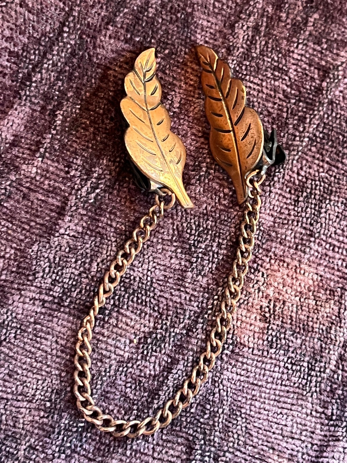 Vintage Solid Copper Etched Leaf w Connecting Cha… - image 3