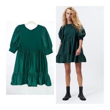 NEW Zara Hunter Green Voluminous Sleeve Combination Ruffled Babydoll Dress Med