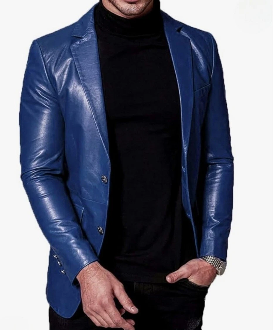 Men's Two Button Leather Blue Blazer Real Soft Lambskin Leather Coat Blazer