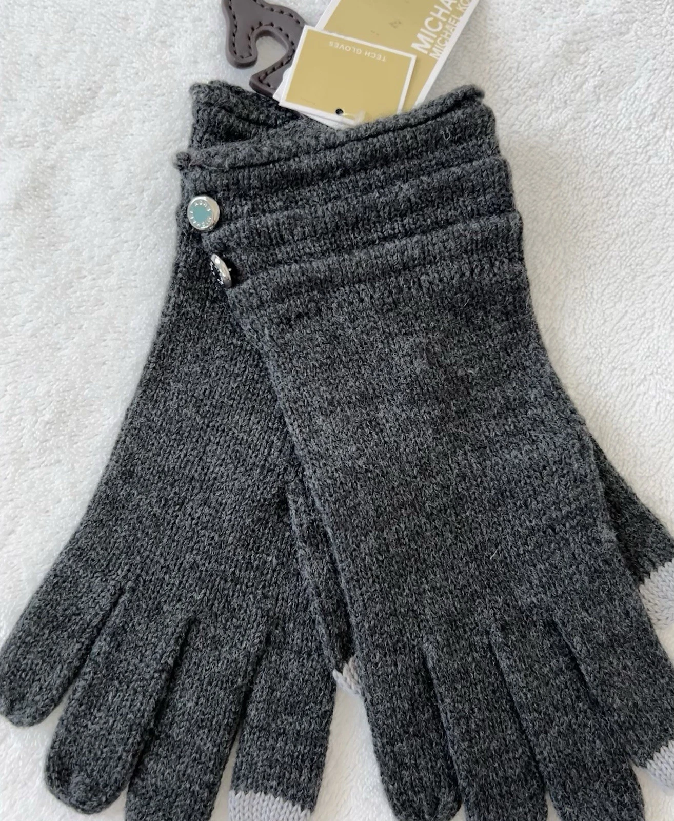 $58 Michael Kors Tech Gloves Derby Gray 2 Silver Mk Logo Buttons Leather Hanger*