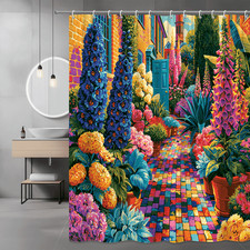 Colorful Floral Garden Path Shower Curtain, Cottage Scene