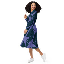 Women's Navy Purple Midi Dress Abstract Pattern Long Sleeve Pockets Jersey