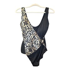 Chico  s Women's Black/Cheetah V Neck One Piece Swim Suite Size 14 NWOT