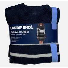 Lands End Womens Sweater Dress Navy Blue White Striped Long Sleeve Size Large