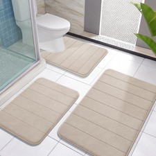 Beige Memory Foam Bath Mat Set Super Soft Quick Dry Washable Rugs 3 PCS