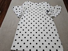 Lauren Ralph Lauren Polka Dot Dress 14 Petite NWT Ruffle Sleeve Cream Black $135