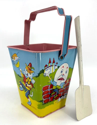 VTG 1940s 50s CHEIN Tin Litho Square Sand Pail Toy Nursery Rhymes & Shovel