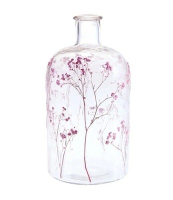 World Market Glass Dried Maroon Flower Inlay Bottle Vase - Handcrafted 10 H