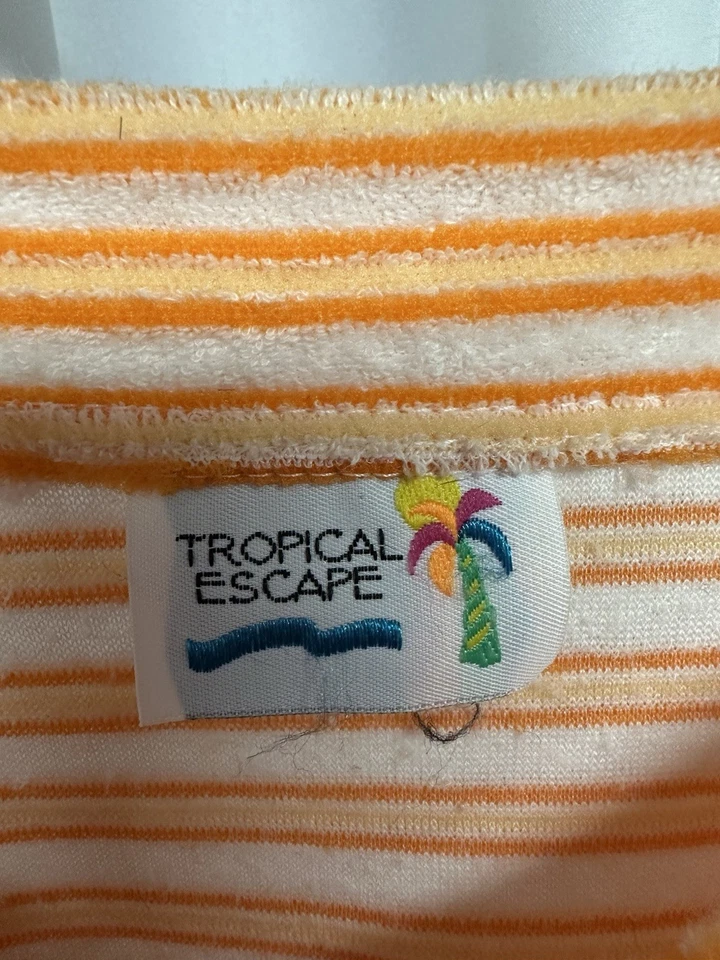 Vintage Terry cloth Cover Up Tropical Escape Orange White Striped Pockets Zipper - Image 4 of 4