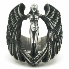 Mens Feather MC Biker Angel Wing Ring Stainless Steel Silver Size 7-15 Women