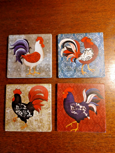 Rooster Farmhouse Ceramic Drink Coasters ~ Set Of 4 ~ Cork Backing