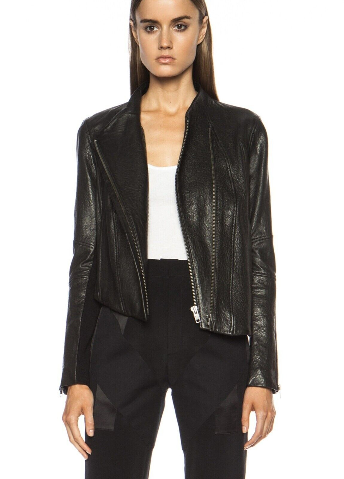 Helmut Lang Dark Brown Black Blistered Leather Jacket Asymmetrical Zip, P or XS