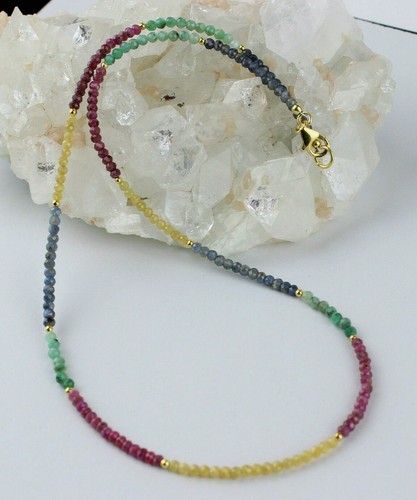Rubin Saphir Smaragd Kette Regenbogenkette Bunt Facettierte Kugel Collier 47 cm - Bild 3 von 4