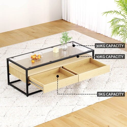 Artiss Coffee Table Square Glass Tabletop End Table 2 Drawers Storage Shelf Pine - Picture 6 of 8