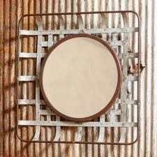 Metal Hanging Tobacco Basket Wall Mirror, Vintage Galvanized Tin, Rustic Steel