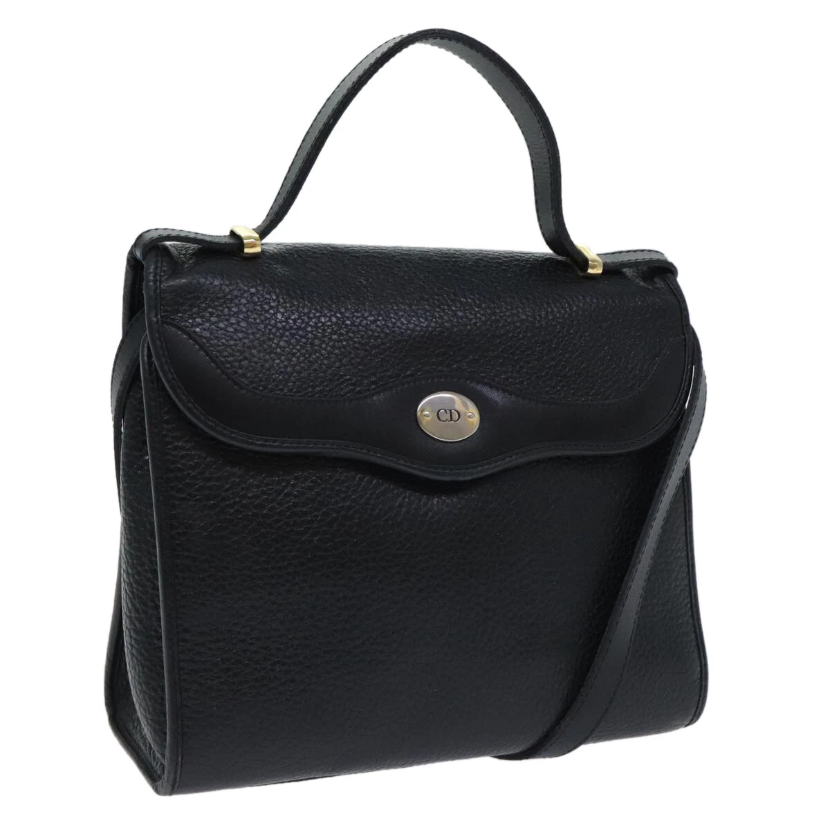 Sac à main Christian Dior cuir 2 voies noir or authentique 93249