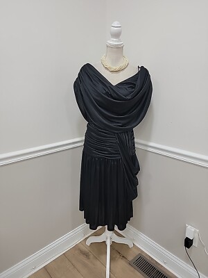 Vintage 70s Black Disco Draped Cocktail Cowl Neck Midi Dress