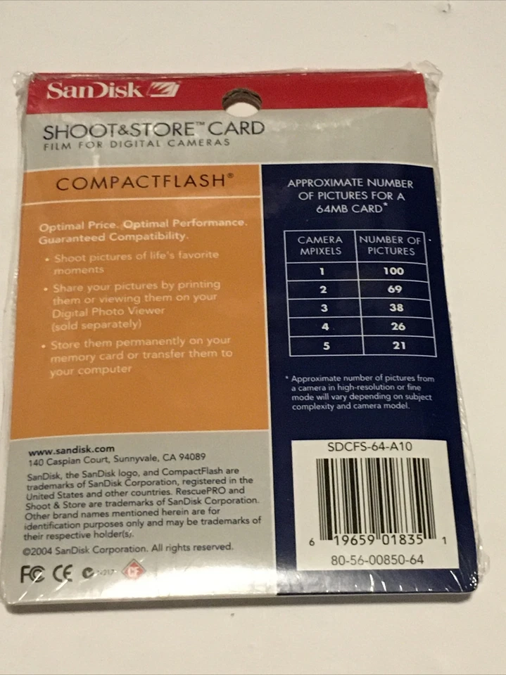 NIB Sandisk 64 Mb Compact Flash Shoot and Store CF Card (SDCFS-64-A10) QTY : 1 - Image 2 of 2