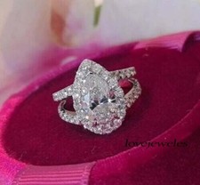 3.50CT Pear Lab-Created Diamond Split Shank Halo Engagement Silver Ring Gift Her