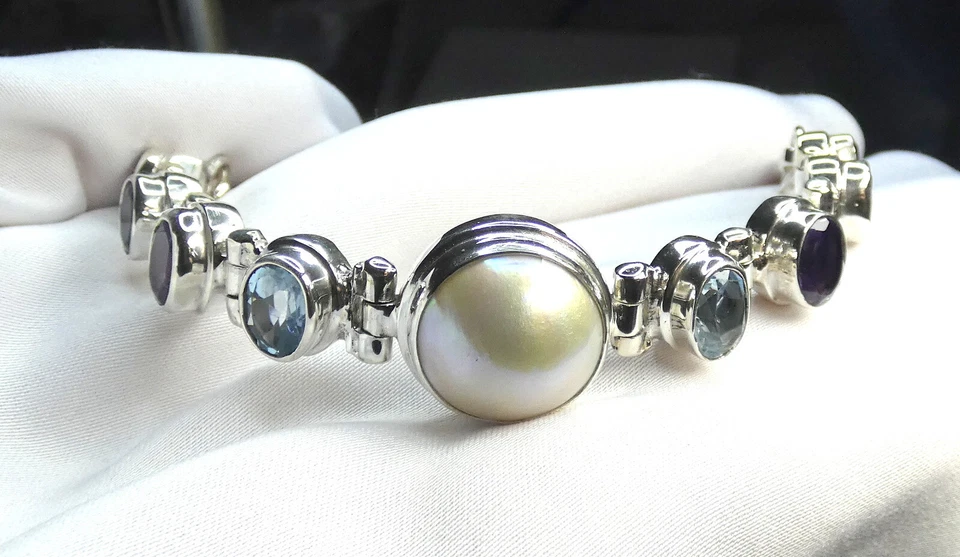 Perle, Amethyst, Iolith, Blautopas, Granat Armband 925 Silber ca. 25 g UNIKAT - Bild 2 von 4