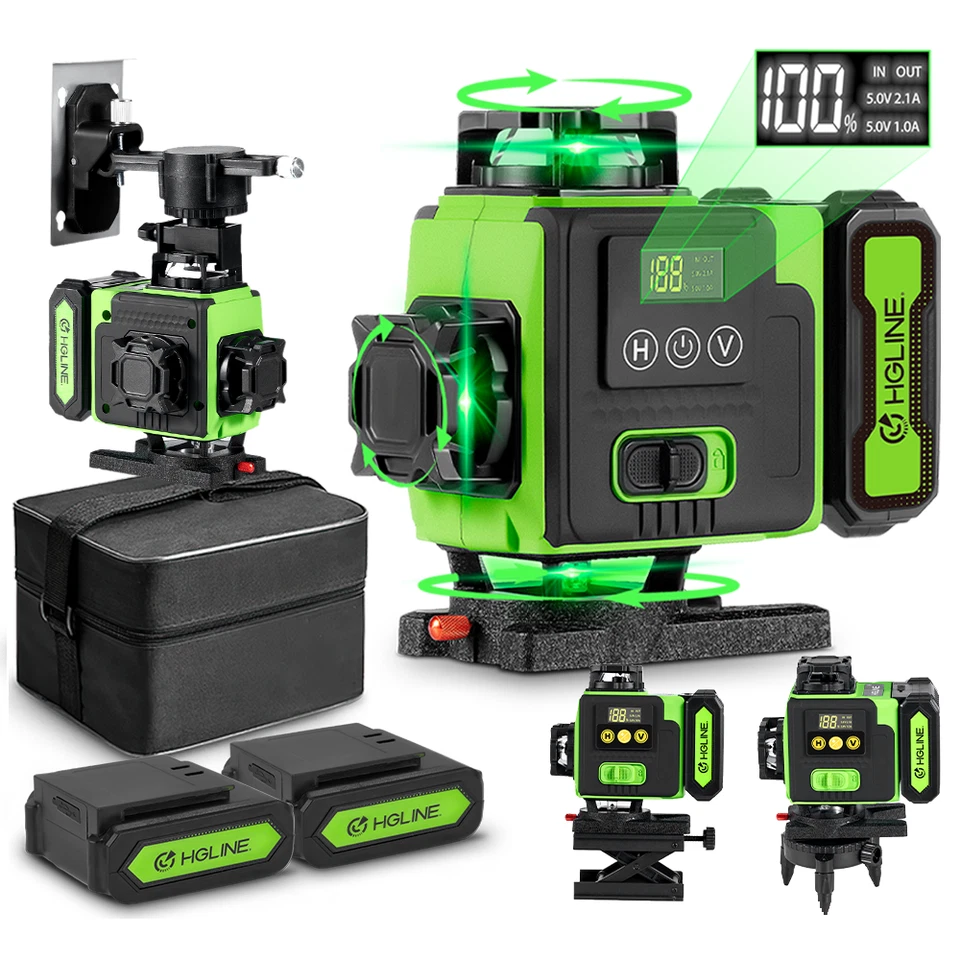 HGLINE 16 Line Laser Level Wasserwaage 4D 360° Kreuzlinienlaser Selbstnivellierend Kit
