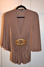SKY BRAND V-NECK TOP WITH BELL TIGER RHINESTONE EMBELLISHED IN BROWN SIZE MEDIUM