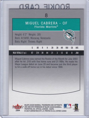 MIGUEL CABRERA ROOKIE CARD Baseball Marlins DETROIT TIGERS Skybox Limited RC - Picture 2 of 2