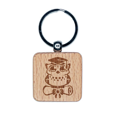 Graduation Owl with Cap and Diploma School College Engraved Wood Square Keychain
