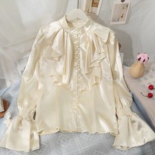Blouse Élégante Vintage Satin Manches Évasées Volants Col Haussé Ample