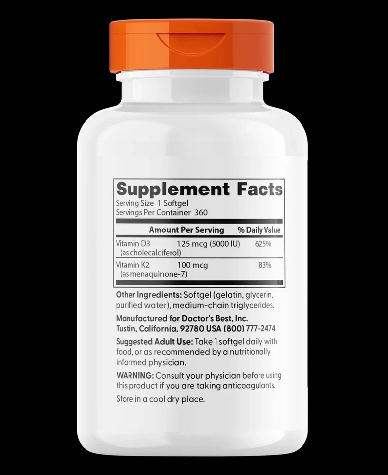 Doctor's Best Vitamina D3 + Cápsulas Blandas K2 * Suministro para 1 Año * Músculo de los Dientes Huesos Foto 4 de 4