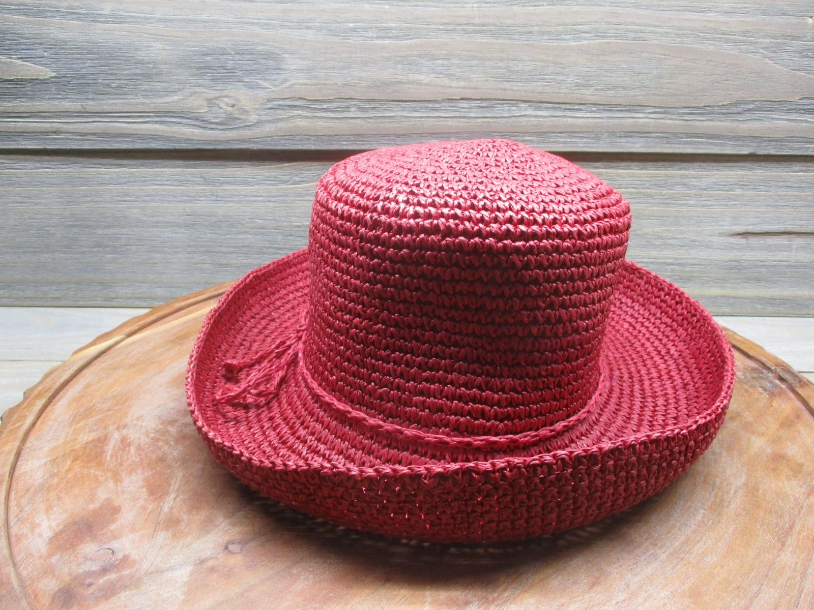 Scala Hat Sun Fitted Womens One Size Red Straw Crochet Bow Wide Brim Lightweight