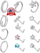 14PCS 20G/18G CZ Nose Stud  Ring Set Stainless Steel L/S Shape Piercing Jewelry