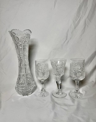 Lot Bohemian Czech Cut Glass Crystal Vase/Decanter with 3 Cordial Glasses 500PK