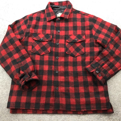 LL Bean Wool Shirt Jacket Mens Medium Red Black Buffalo Plaid Quilted Lined - Picture 2 of 11