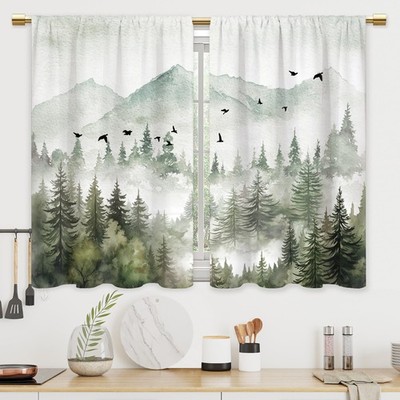 Mountain Forest Kitchen Curtains Misty Foggy Sage Green Tree Bathroom Curtain...