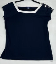 Chaps Sleeveless Shirt Woman Size S Navy Blue White Trim Cotton Blend Preppy