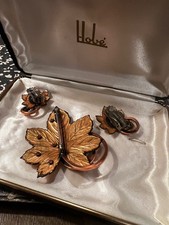 Vintage Matisse Renior Copper Green Enamel Leaves Brooch Earrings Costume Jewelr