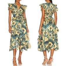 ULLA Johnson Yellow Blue Avia Midi Ruffle Dress in Constellation Silk Sz 6