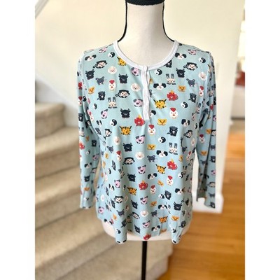Roller Rabbit Women's Blue Farm Animal Print Long Sleeve Henley Pajama Top