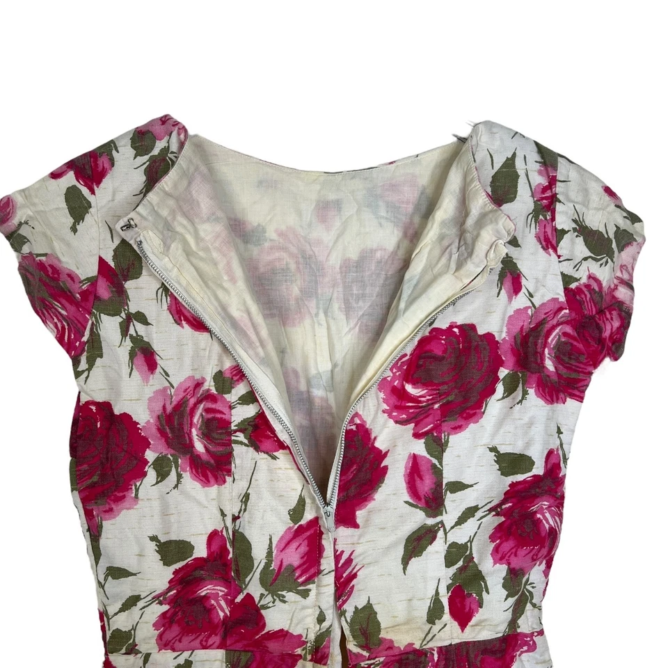 Vestido Vintage Años 60 Rosa Floral Moveble Manga Gorra Forrado Cremallera Trasera Rosa Verde XS Foto 4 de 4