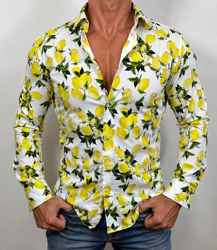 mens - dash&dot. shirt - L - SLIM FIT - LEMONS / FLORAL PATTERN - L/S