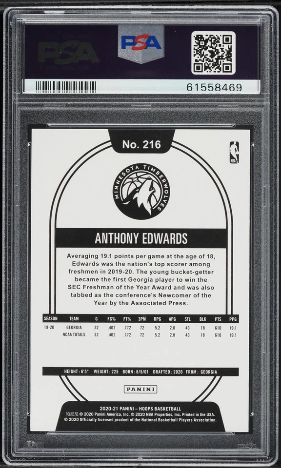 2020 Hoops Anthony Edwards ROOKIE #216 PSA 9 MINT - image 2 of 2