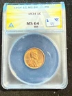 1934 LINCOLN WHEAT CENT ANACS MS 64 RB 176