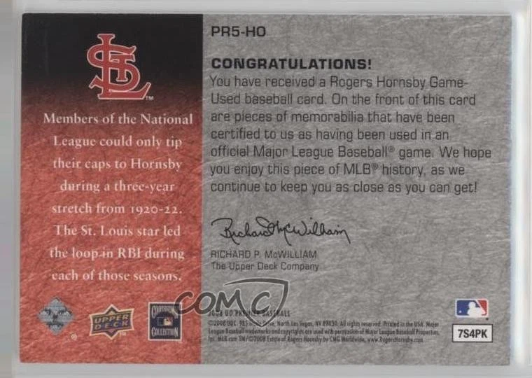 UD Premier Premier Remnants 2008 5/25 Rogers Hornsby #PR5-HO HOF Foto 2 de 2