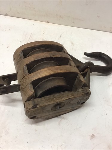 Antique Oak&Cast Iron Triple Pulley&Hook Boston&Lockport? Anchor Logo 6 COM 15” - Picture 7 of 11