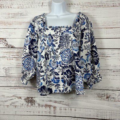 Rachel Zoe Blue Floral Linen Blend Square Neck 3/4 Sleeve Top Womens Medium