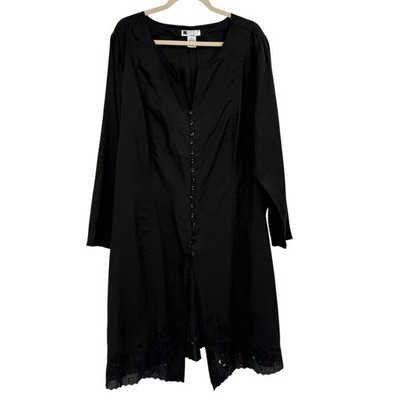 Vintage Carole Little Black Linen Dress Duster 2X Crochet Lagenlook Button Down