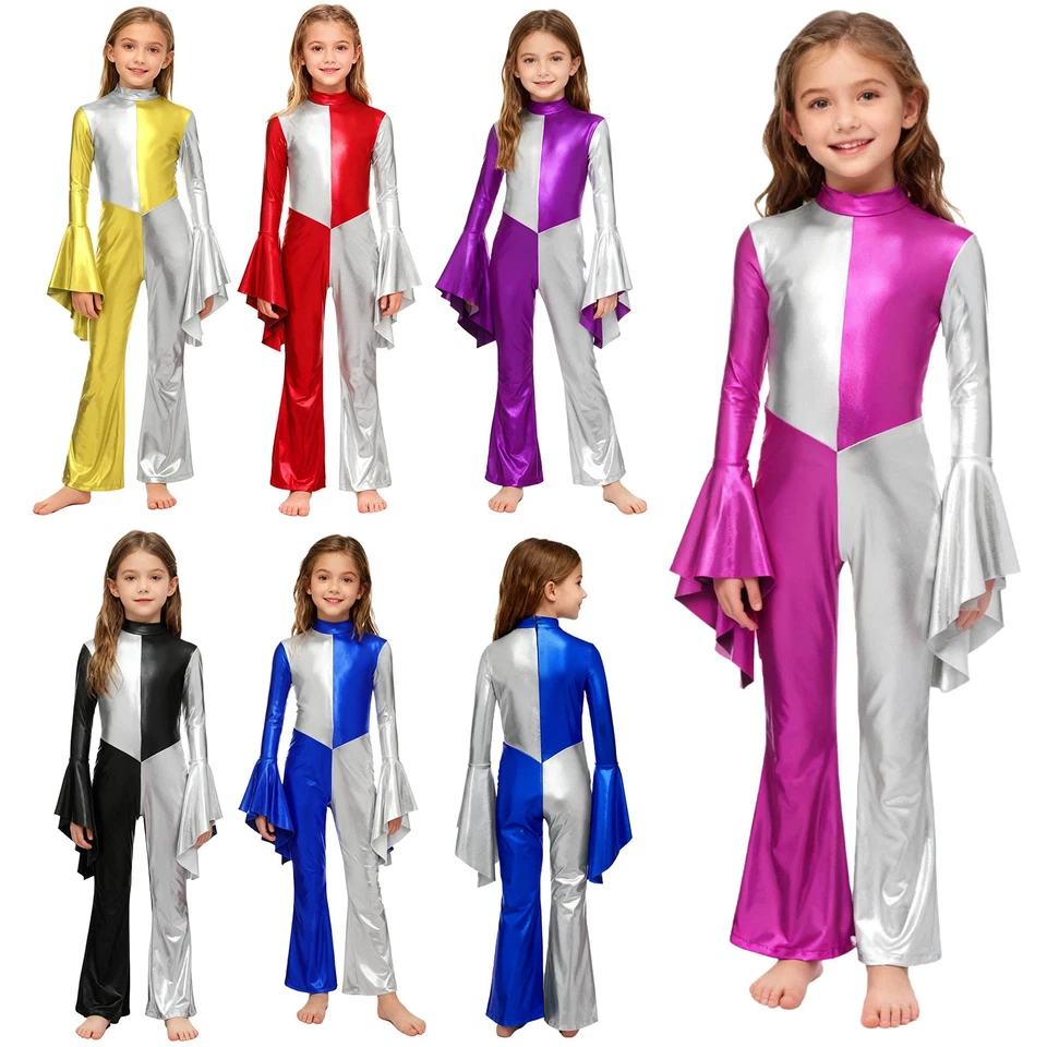 Girl Color Block Metallic Jumpsuit Character Hippie 70s Disco Halloween Costume  - Image 3 of 4