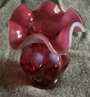 Vtg. Fenton Cranberry Opalescent Vase 5 in. x 3 in. Ruffle swirl Preowned